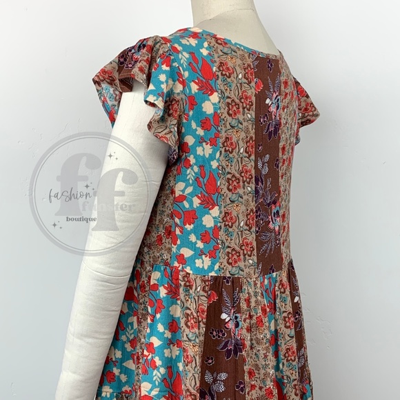 Blue B Patchwork Flutter Sleeve Floral Print Short Tiered Mini Swing Tunic Dress - Picture 7 of 15